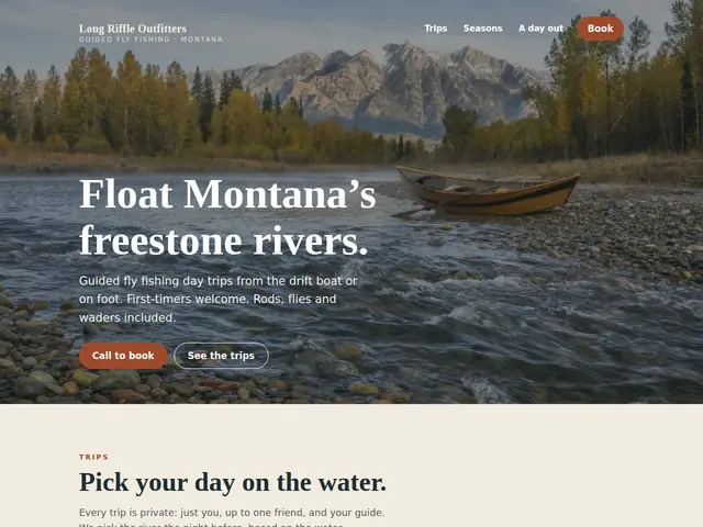 Sample design for a fly fishing outfitter: a river photo with the headline over it.