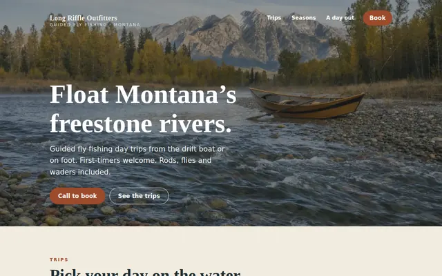 Sample design for a fly fishing outfitter: a full-width river photo with the headline over it.