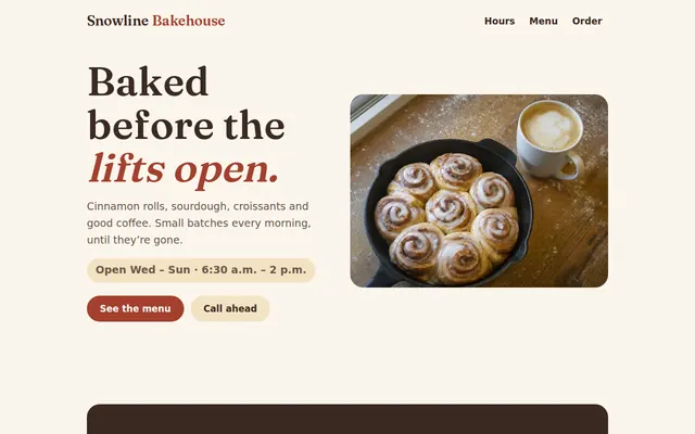 Sample design for a bakery and coffee shop: warm cream colors, cinnamon roll photo, hours and menu.