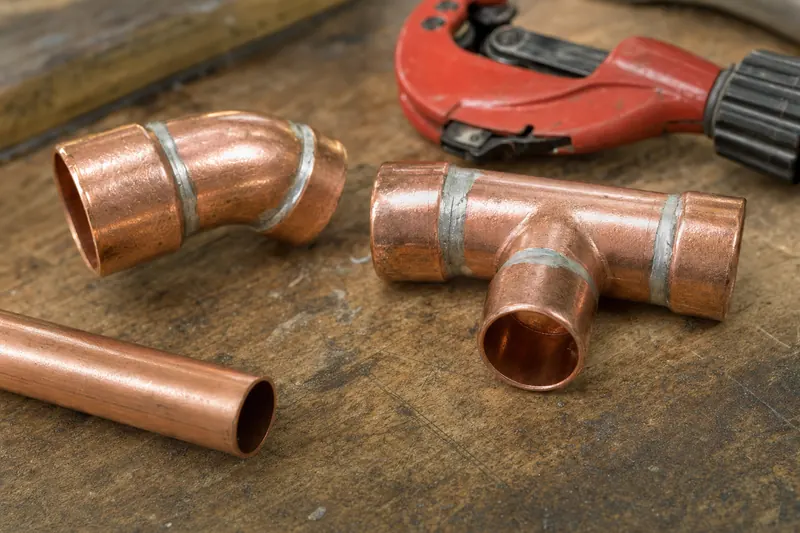 Freshly soldered copper fittings on a workbench.