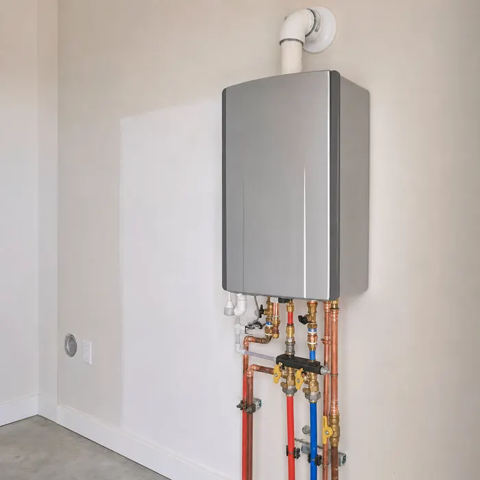 A tankless water heater neatly installed on a utility room wall.