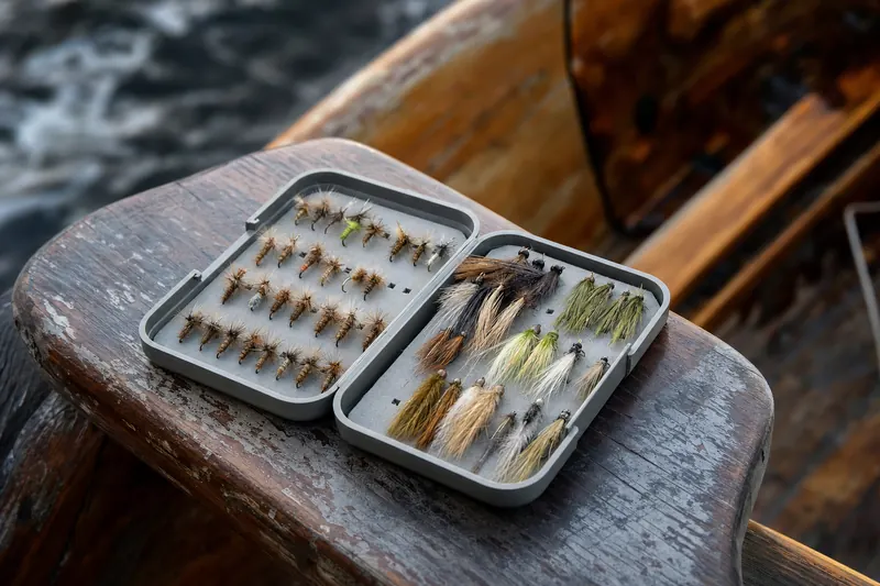 An open fly box full of dry flies, hoppers and streamers.