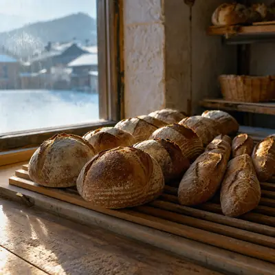 Sourdough loaves and baguettes cooling on a rack.
