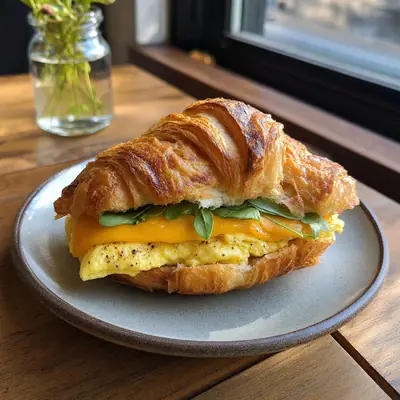 A croissant breakfast sandwich with egg and cheddar.